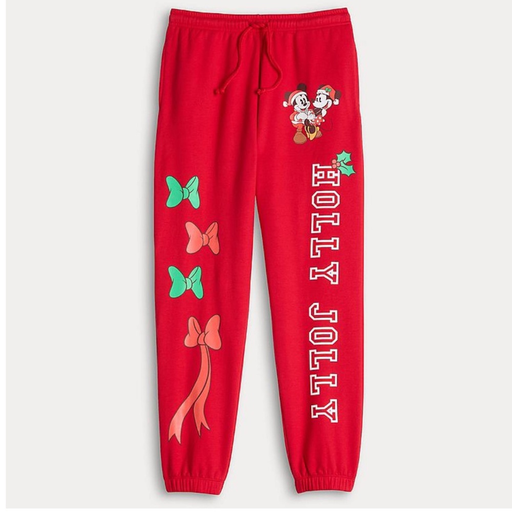 NWT Disney Red Holly Jolly Joggers with Characters and Bows